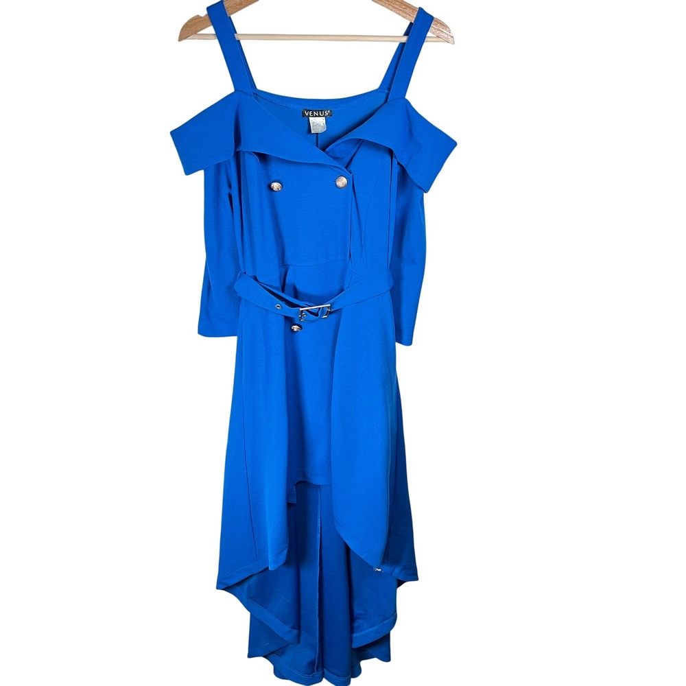 Venus Royal Blue Off Shoulder High Low Belted Dress Silver Buttons Size 6 - Picture 4 of 9